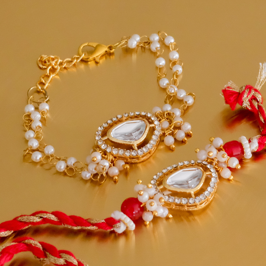 Luxury pearl Rakhi and matching Lumba with premium gold-tone finish for Raksha Bandhan