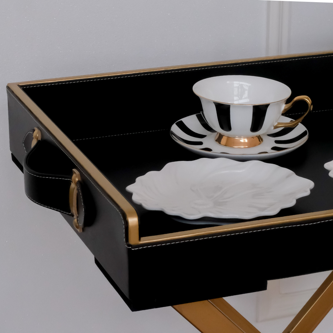 Elegant black PU leather serving tray with luxury gold corner detailing