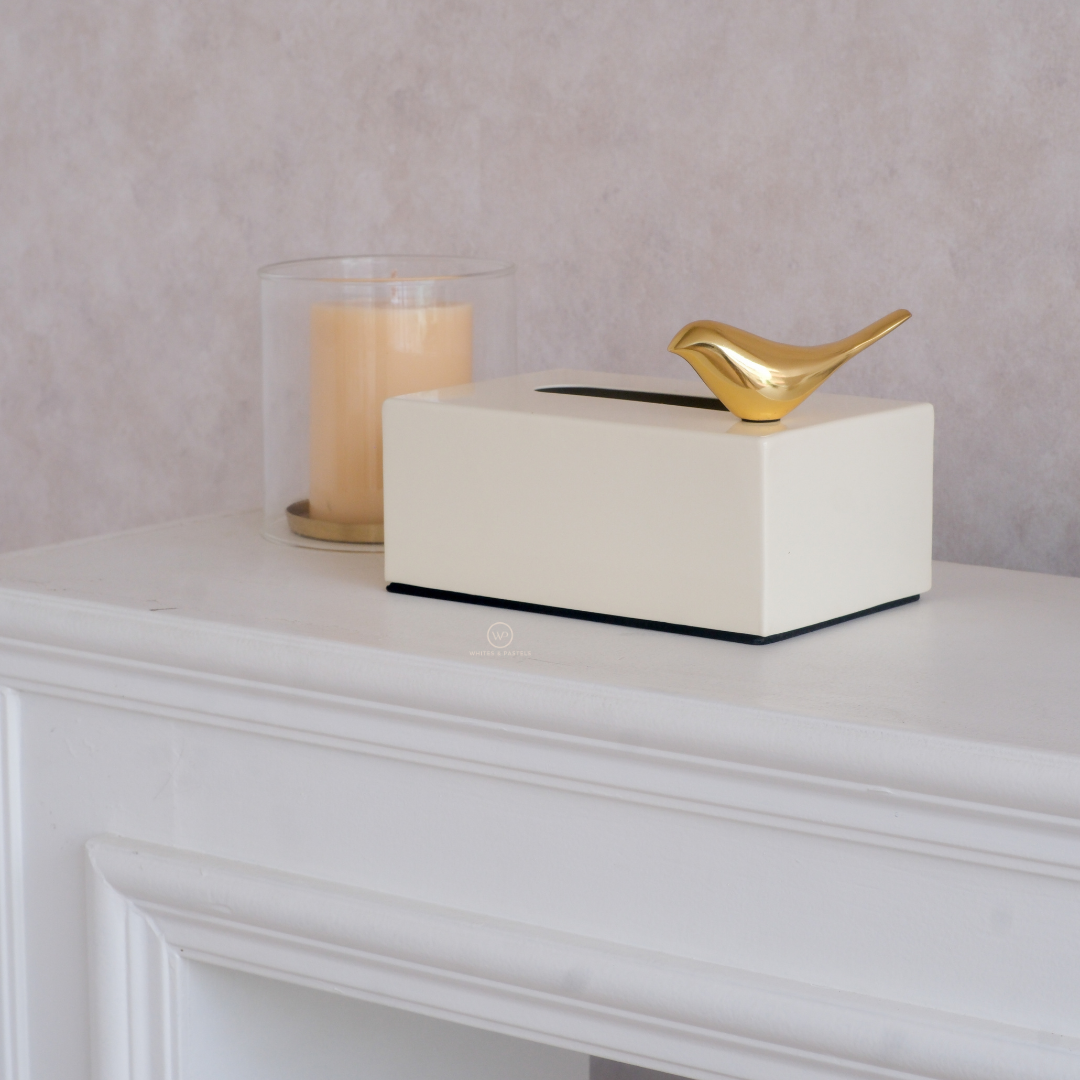Premium metallic tissue box cover with sculptural bird accent