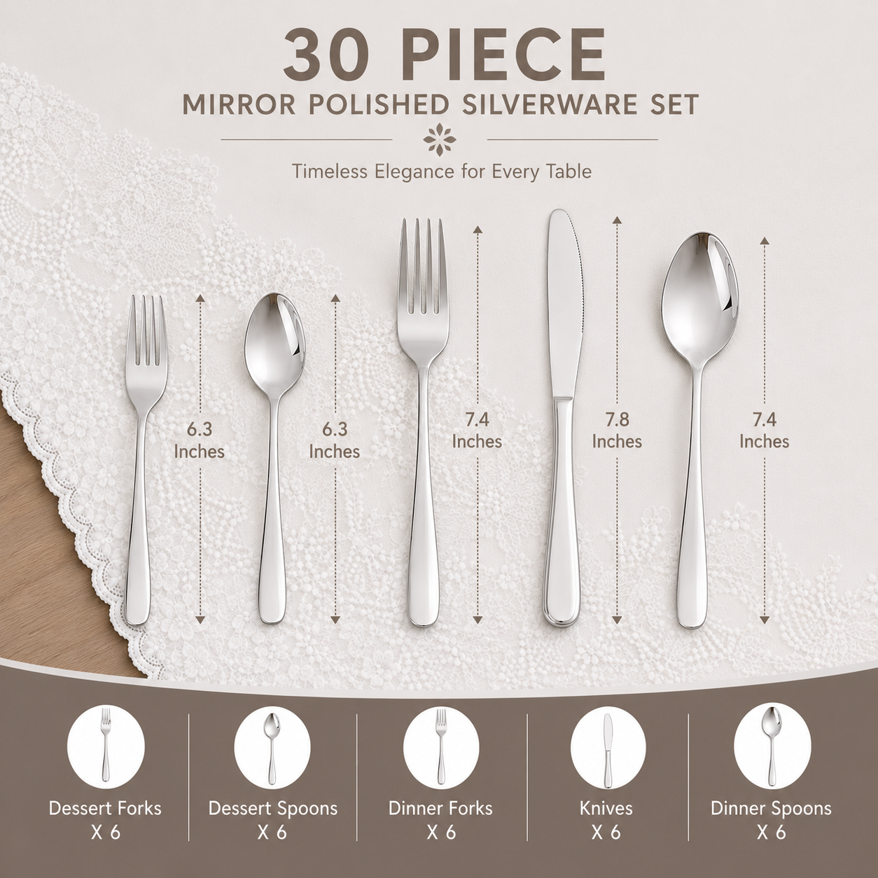 spoons, forks and knifes with dimensions