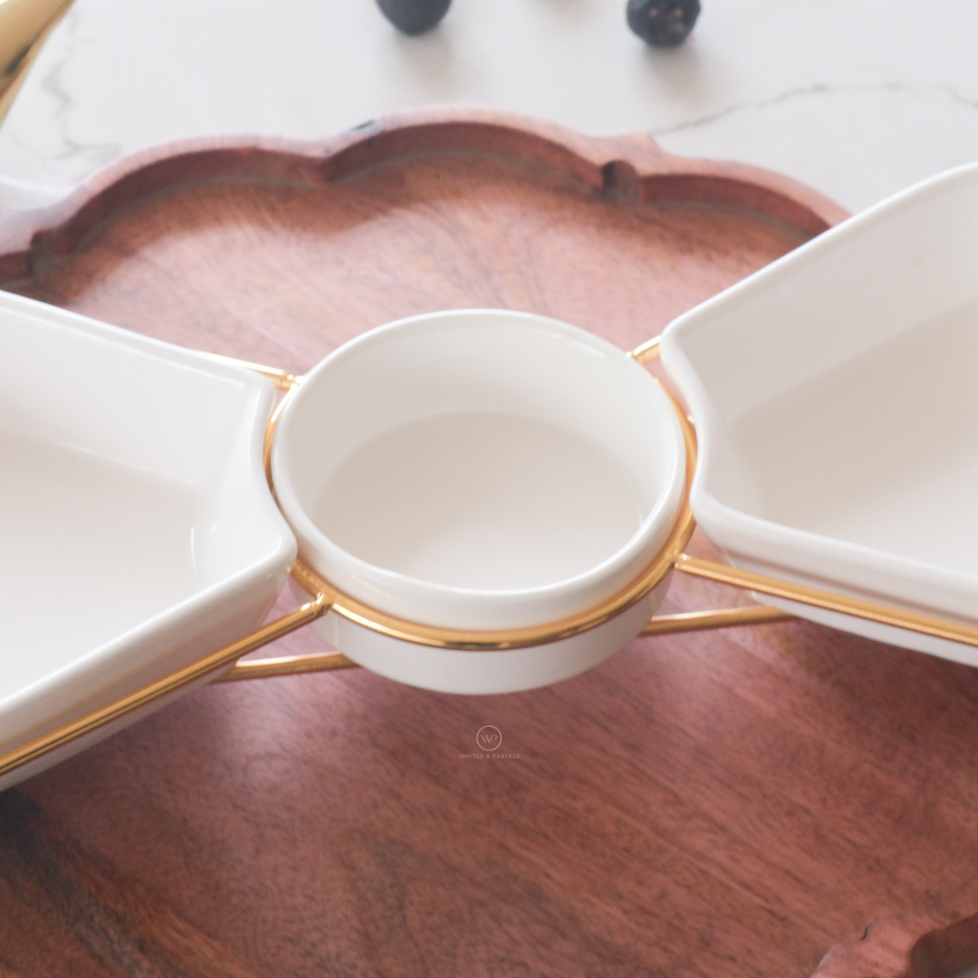 Ceramic snack serving tray for modern dining and entertaining.