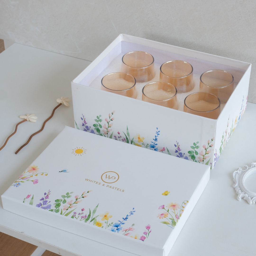 Six brown glass tumblers presented in a luxury Whites & Pastels floral gift box