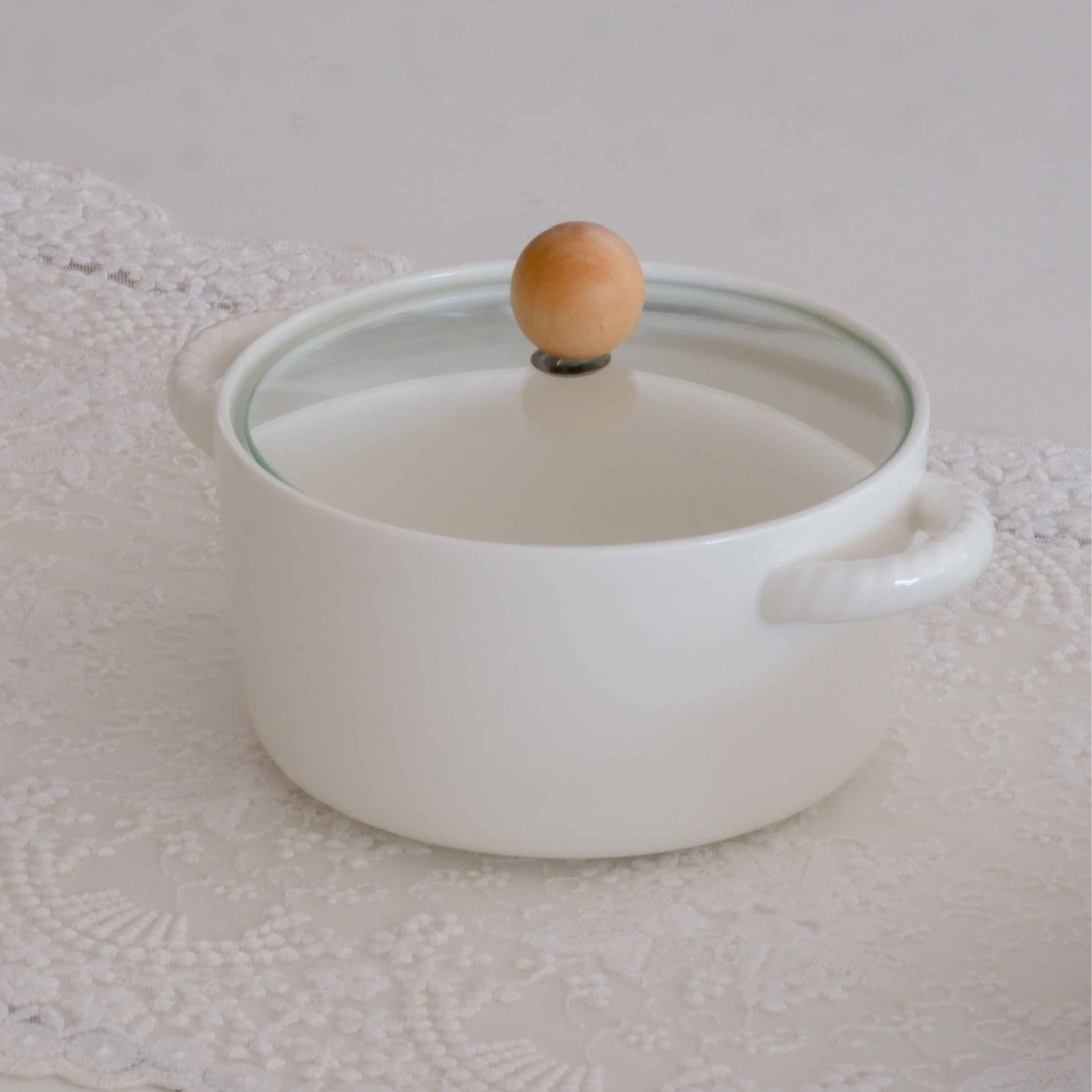 Premium white ceramic serving bowl with clear glass lid and wooden handle, perfect for serving hot meals, soups, dals and casseroles while retaining heat.
