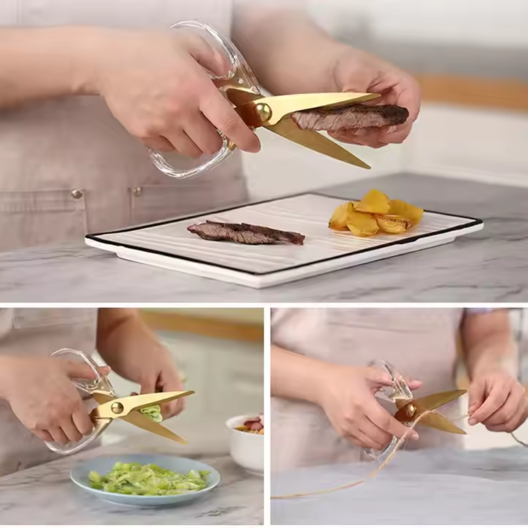 Collage of a person using kitchen shears to cut various foods on a white cutting board.