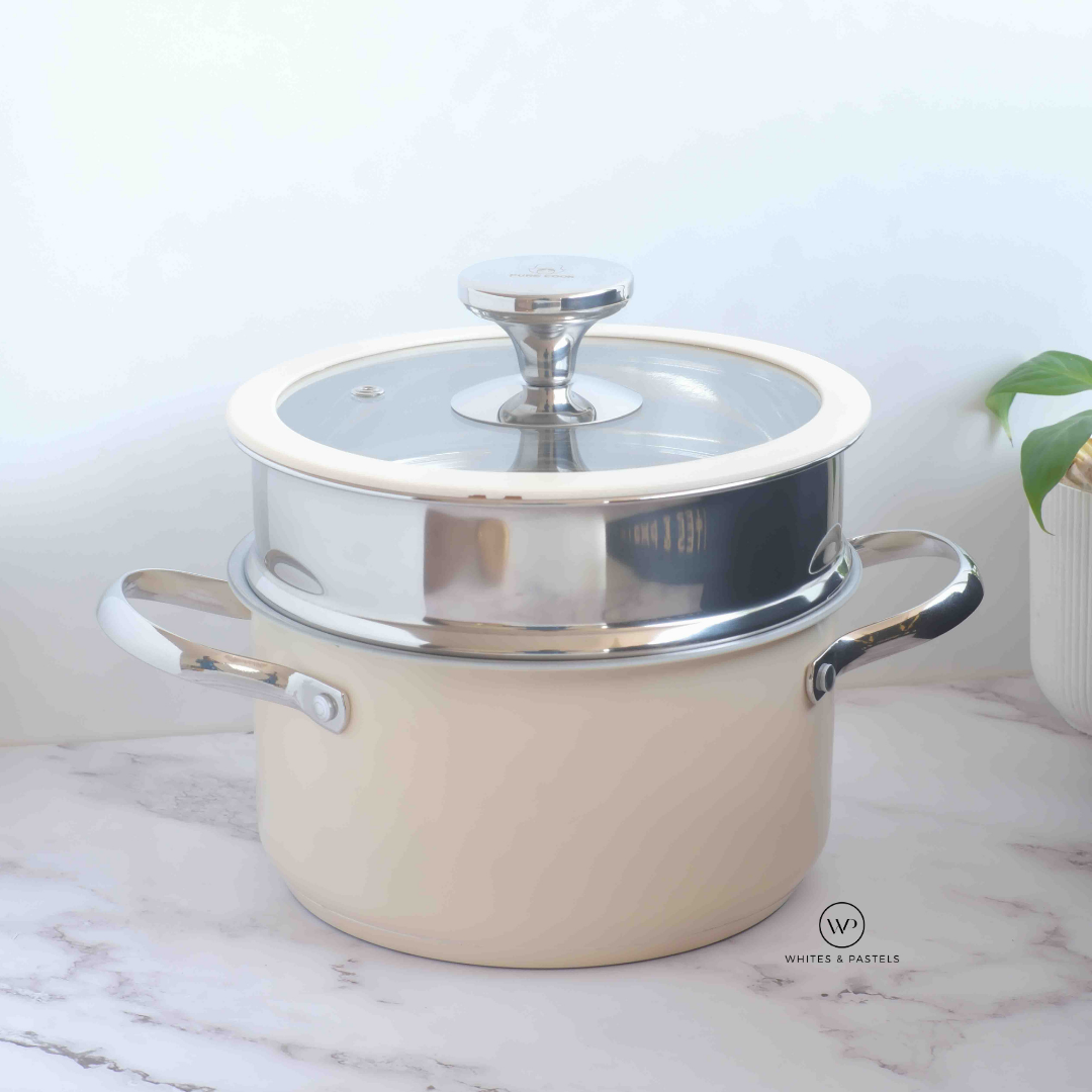 Stainless steel cookware set with silicone ring glass lid beige white