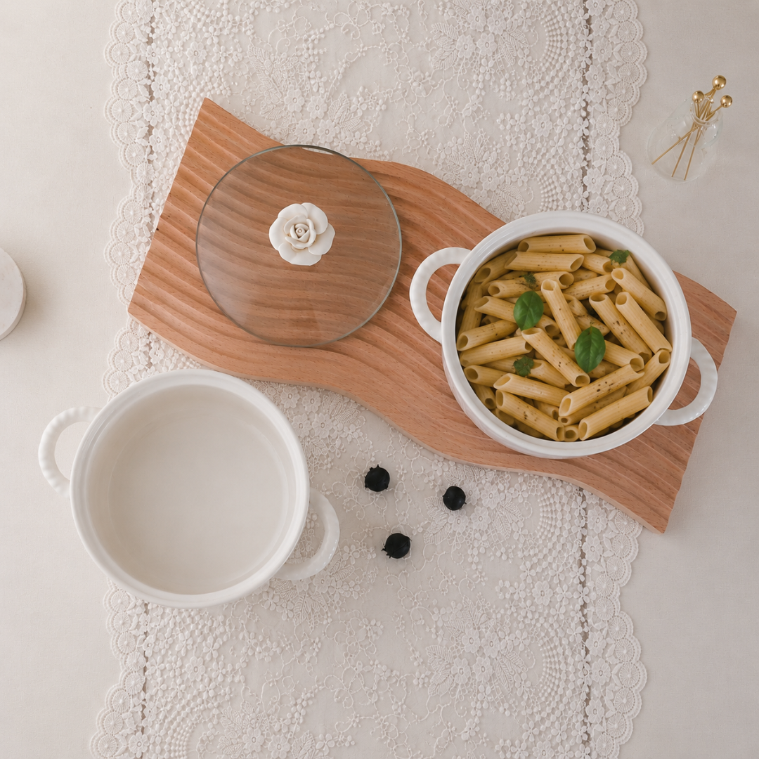 Modern white ceramic casserole with glass lid for pasta