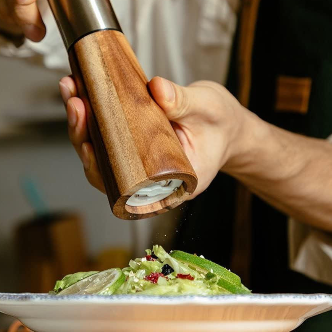 wooden pepper grinder with stainless steel gold top