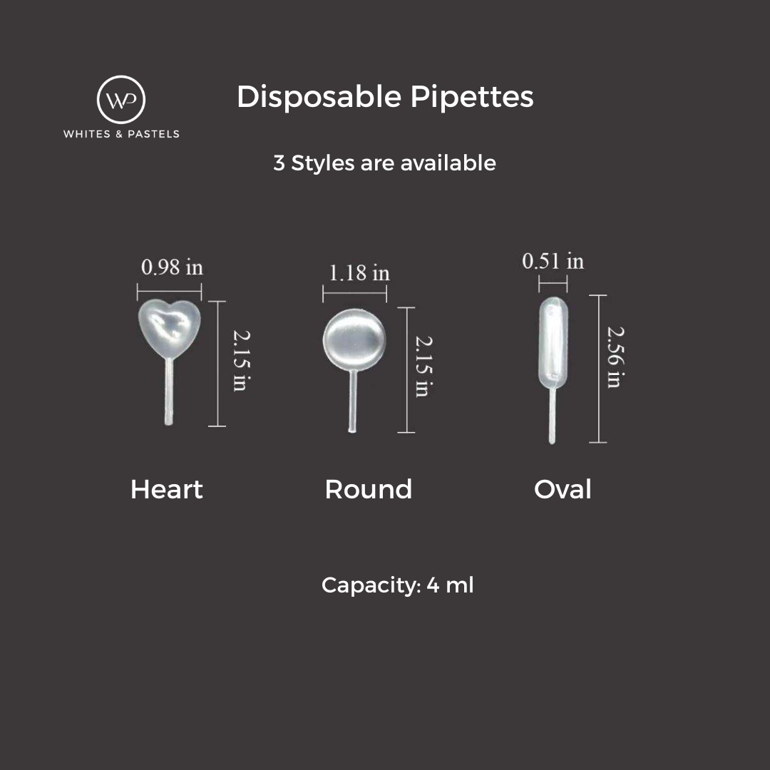 Disposable pipettes with heart, round, and oval shapes and measurements on a dark background.