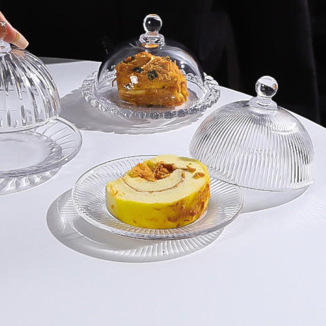 Glass Dessert Plate with Cloche Dome | Ribbed design