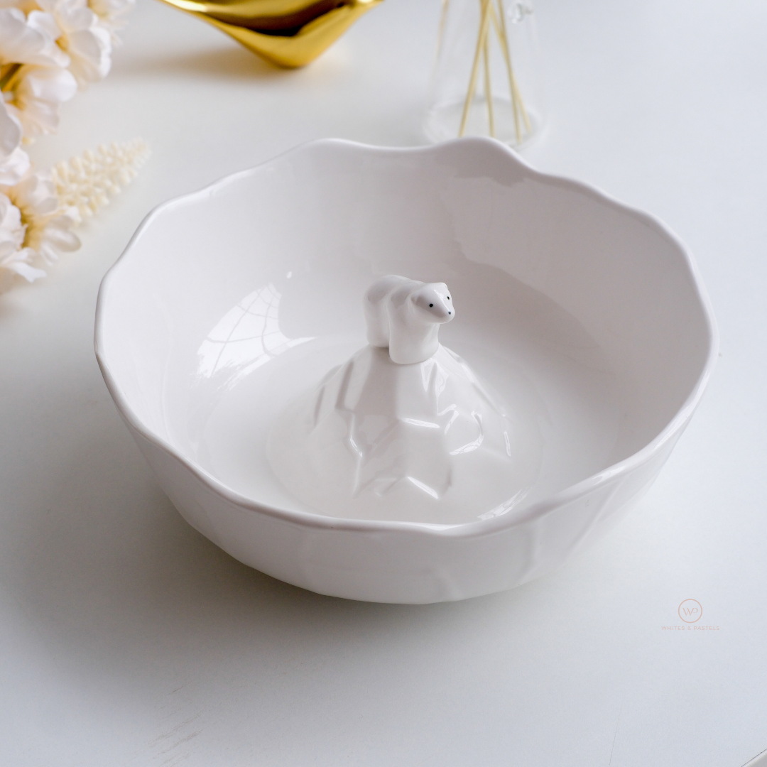 Contemporary white ceramic bowl with unique bear design