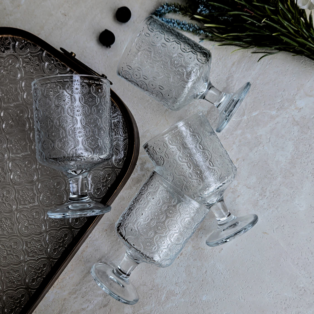 Premium embossed floral drinking glasses for juice, water and mocktails