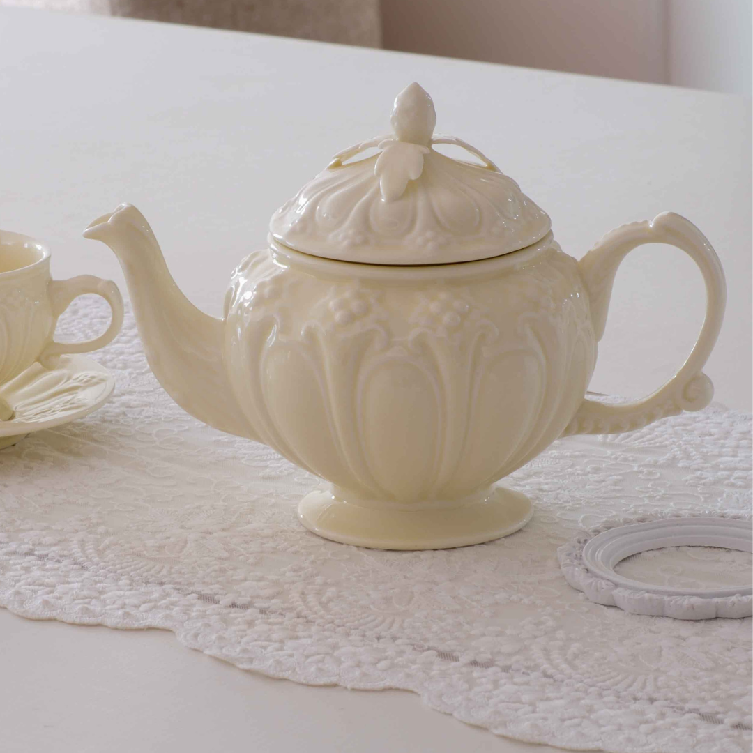 Decorative Victorian embossed porcelain tea pot designed for stylish tea serving and premium gifting.