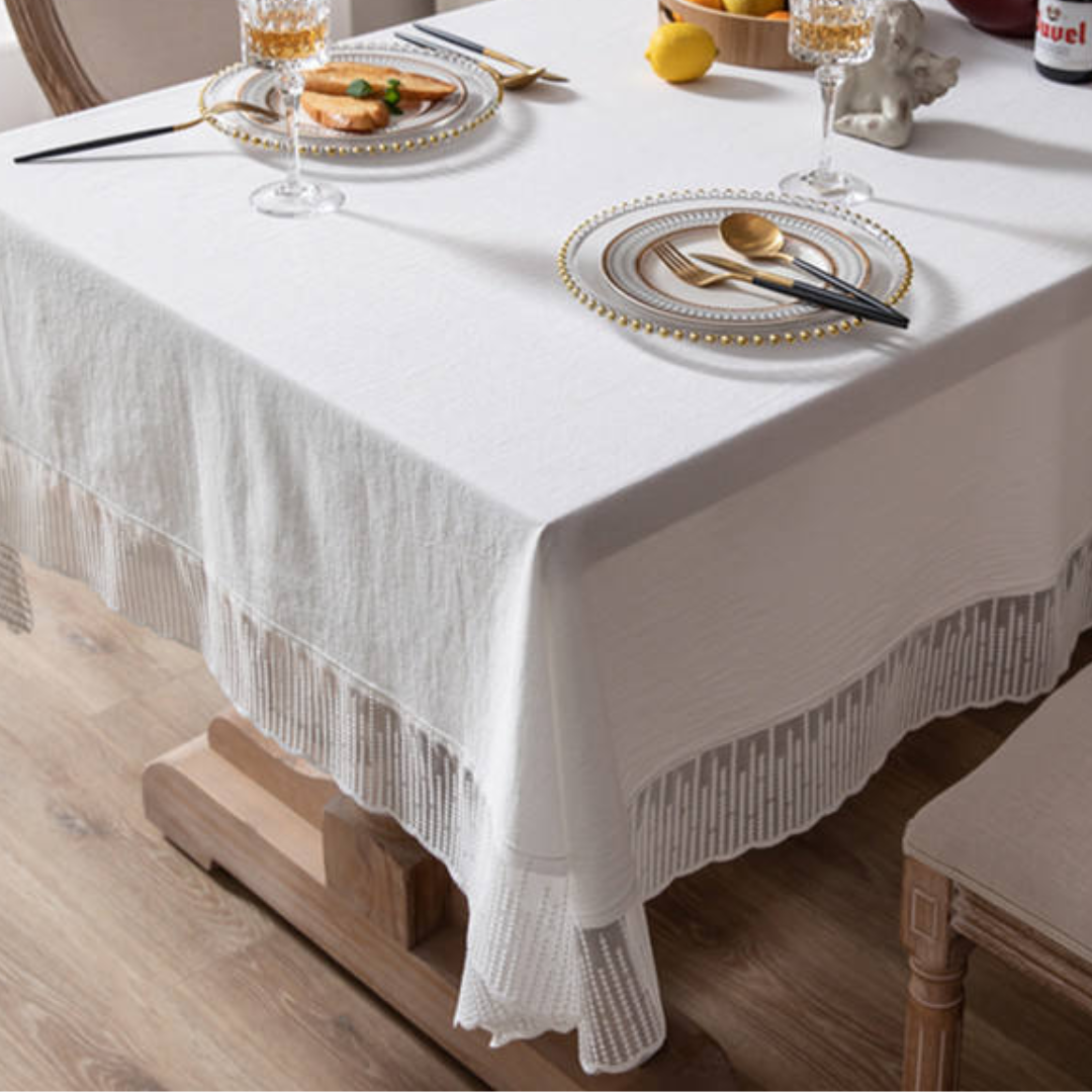Premium cotton tablecloth with lace detailing close-up