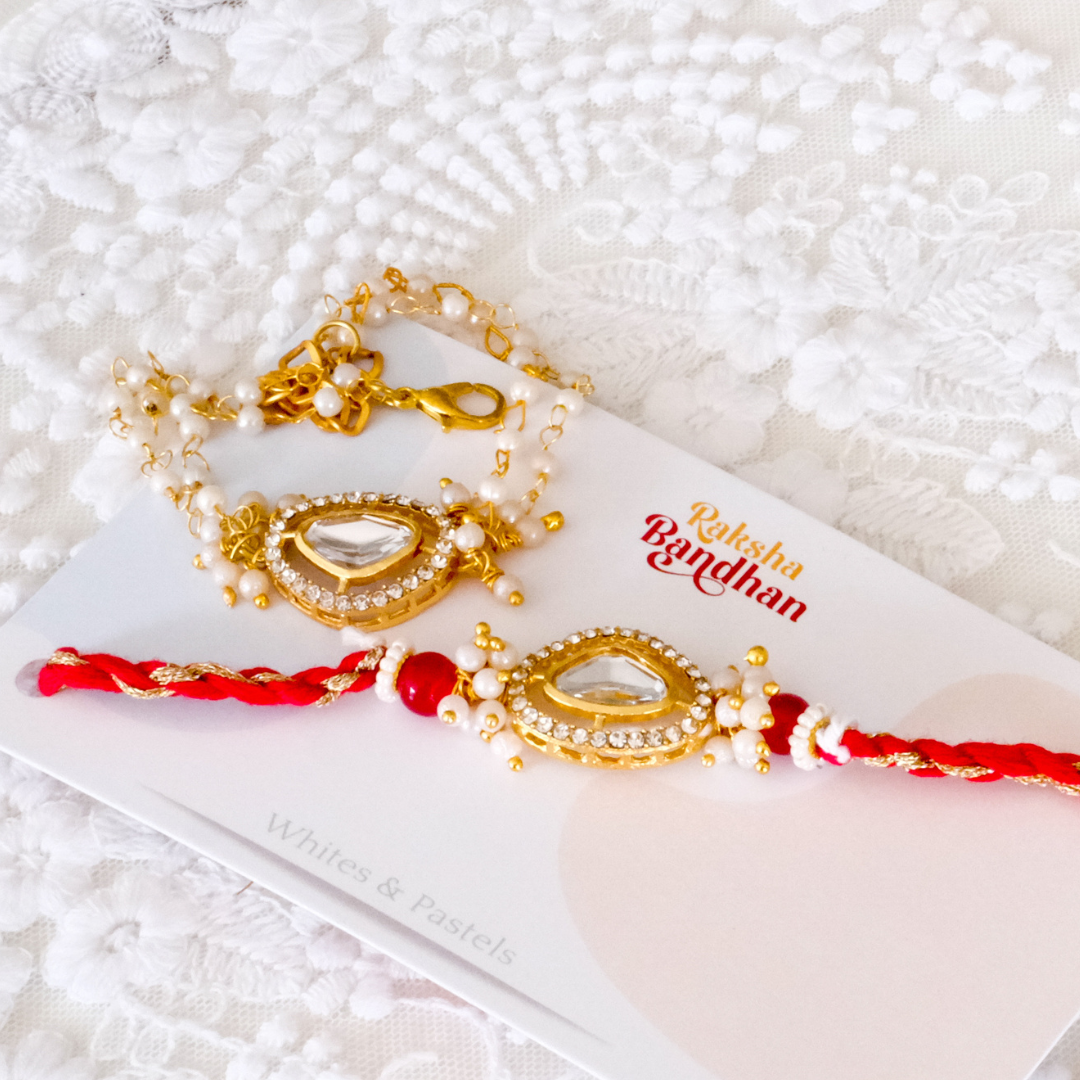 Premium Raksha Bandhan pearl Rakhi and Lumba gift set with elegant festive design