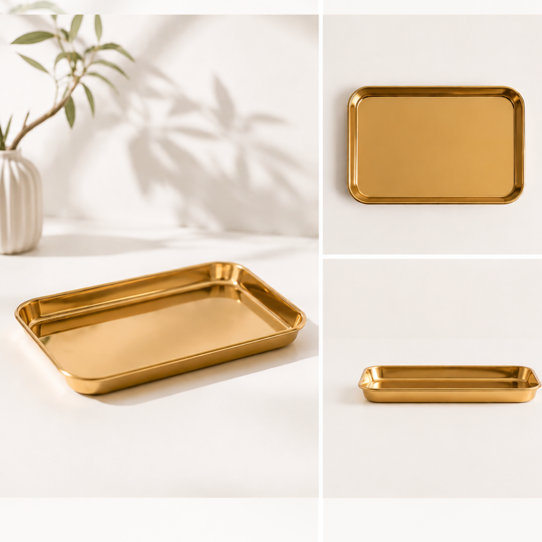 Luxury gold stainless steel serving tray on modern dining table