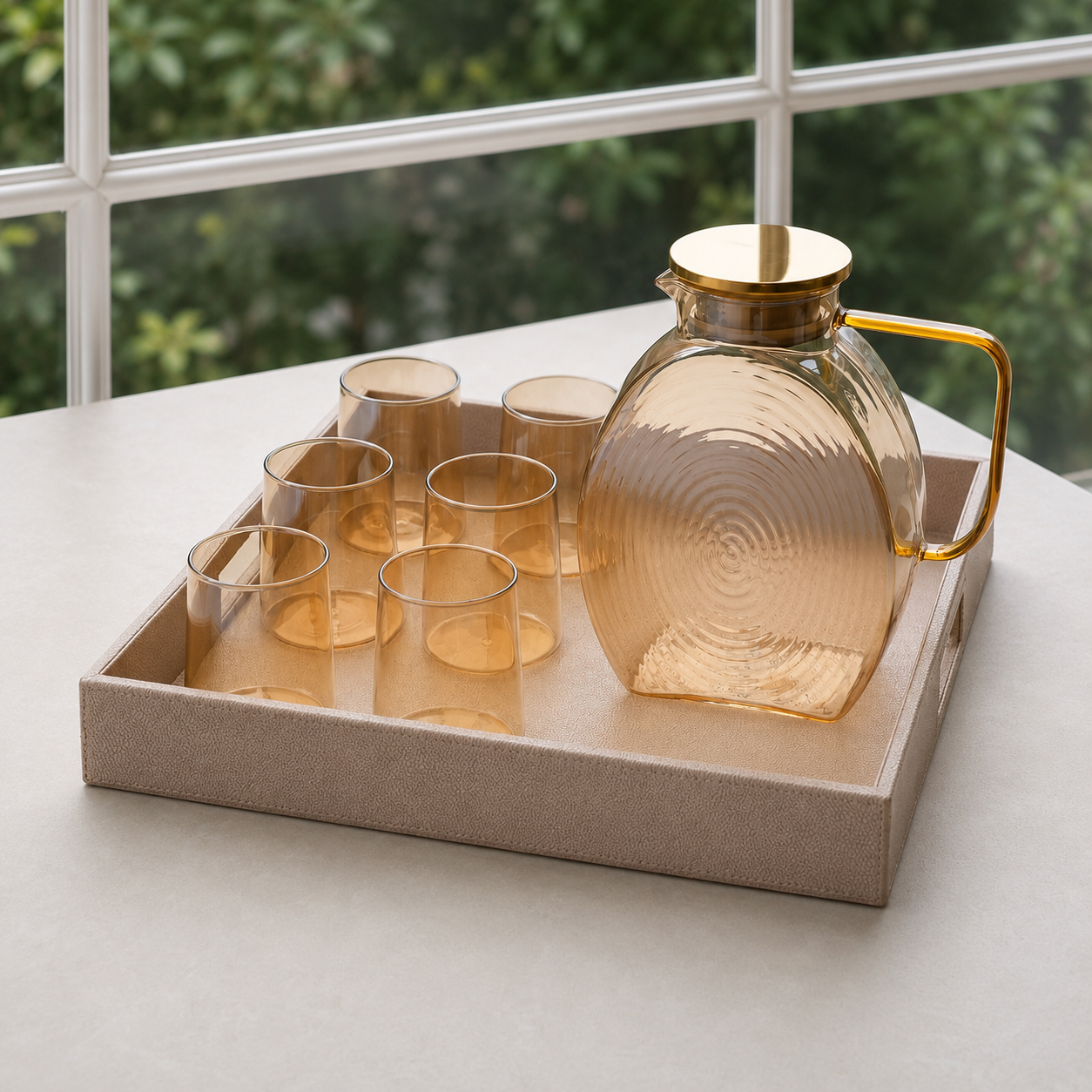 Handcrafted rose gold PU leather serving tray holds 6 juice glasses and a big juice jar