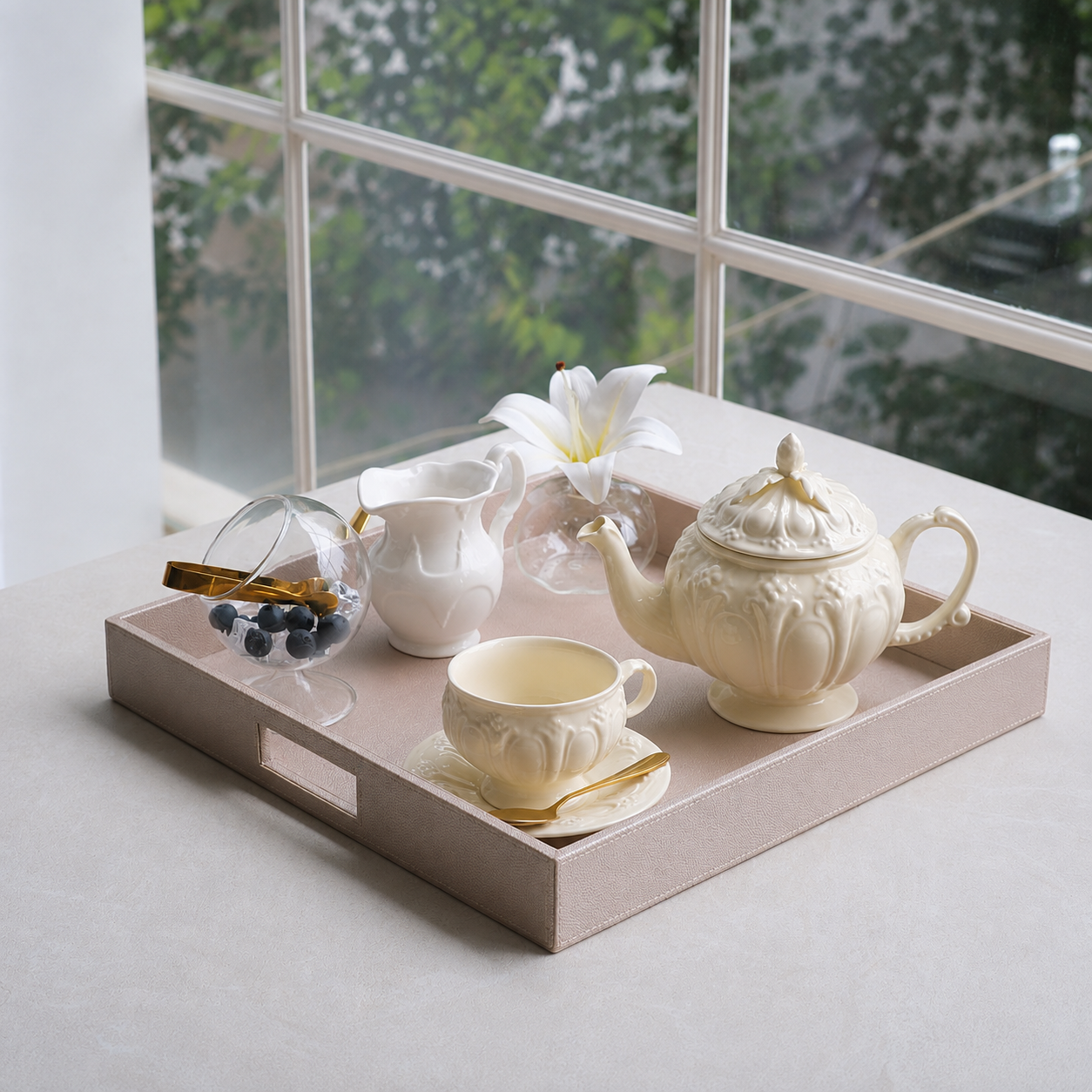  serving tray with two soft handles Rose gold PU leather