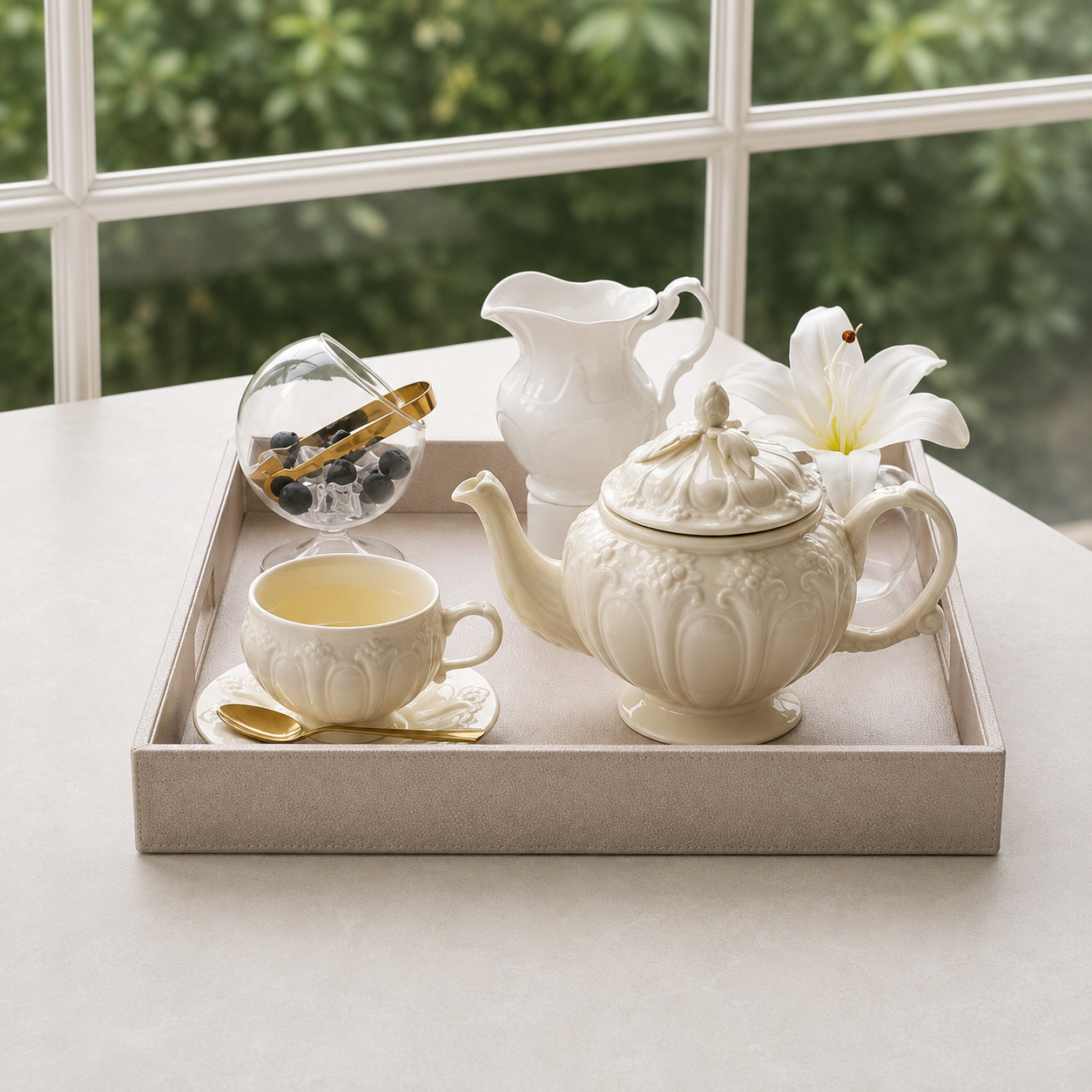 Rose gold square serving tray for serving tea, coffee and refreshments