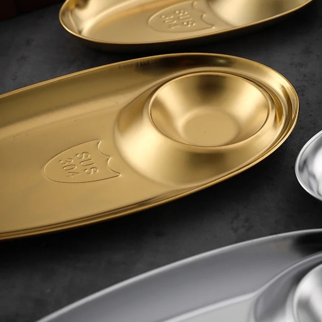 Korean Dumpling Plate - Stainless Steel Chip & Dip Platter with Gold PVD Finish