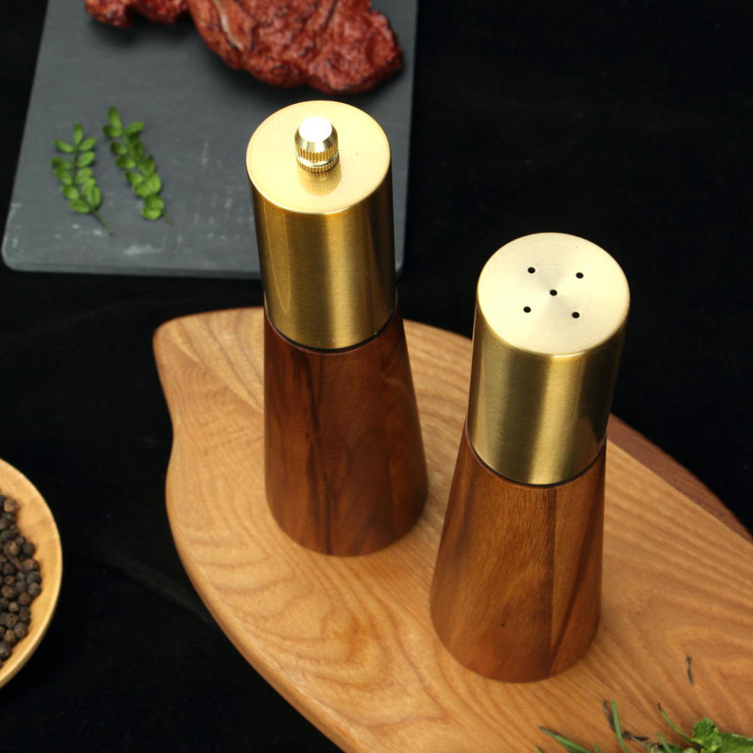 Salt Pepper Mill Grinder & Shaker Set with wooden Tray | Gold SS top