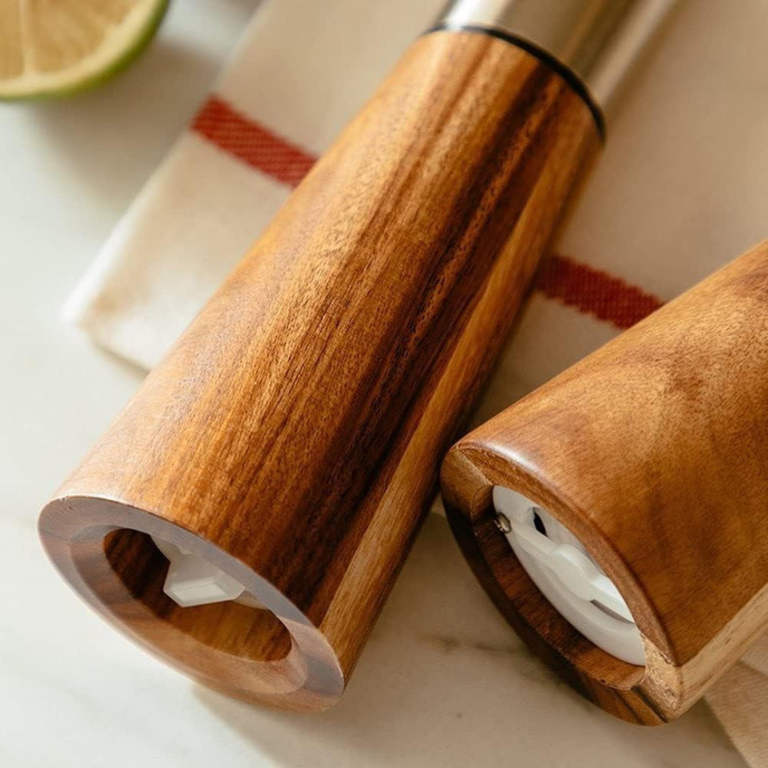 Salt Pepper Mill Grinder & Shaker Set with wooden Tray | Gold SS top