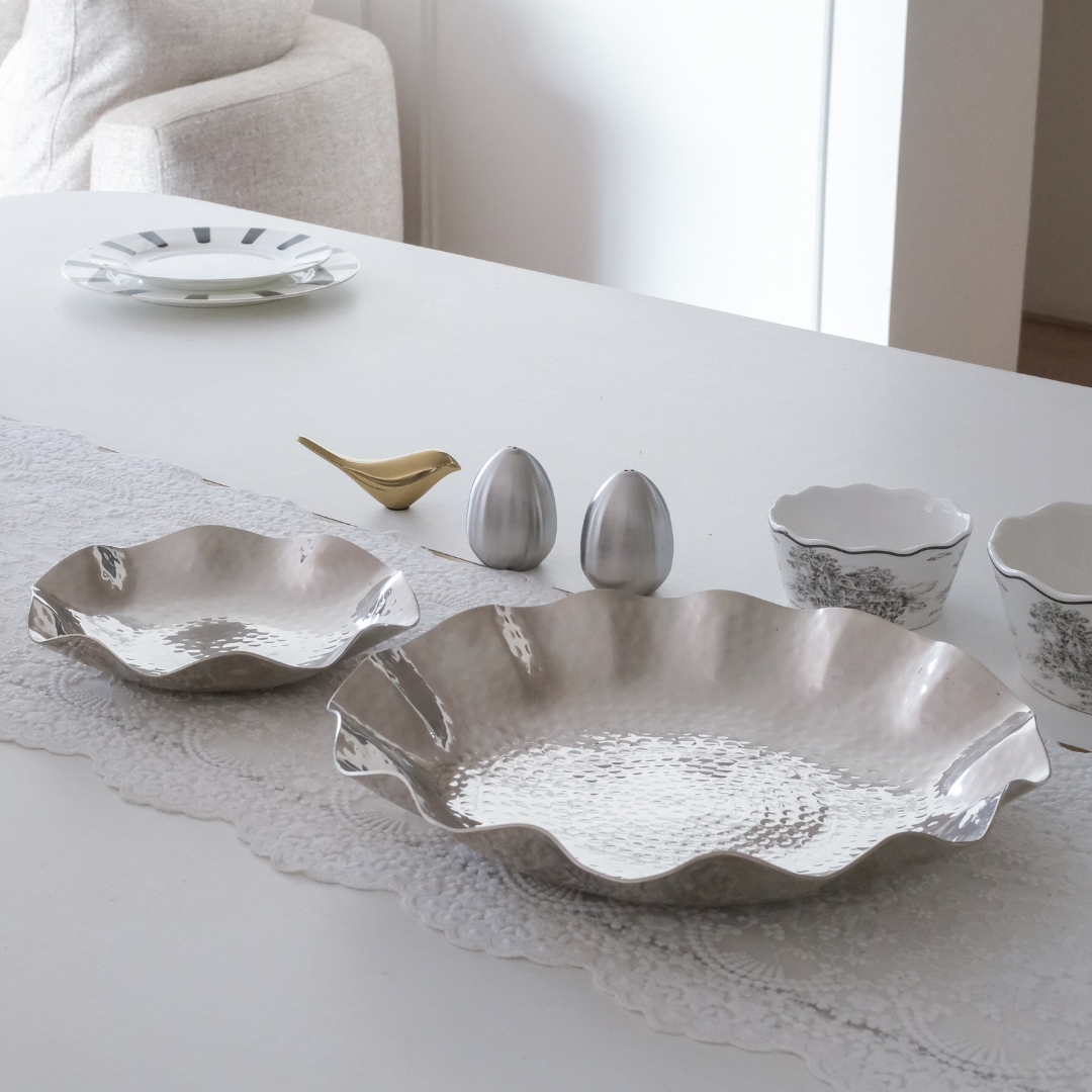 Premium silver hammered serving tray set for snacks, desserts and dry fruits.