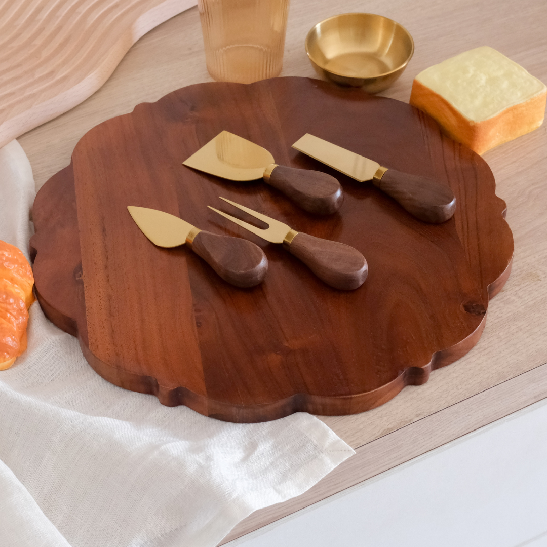 Scalloped edge wooden cheese board with rustic elegant design