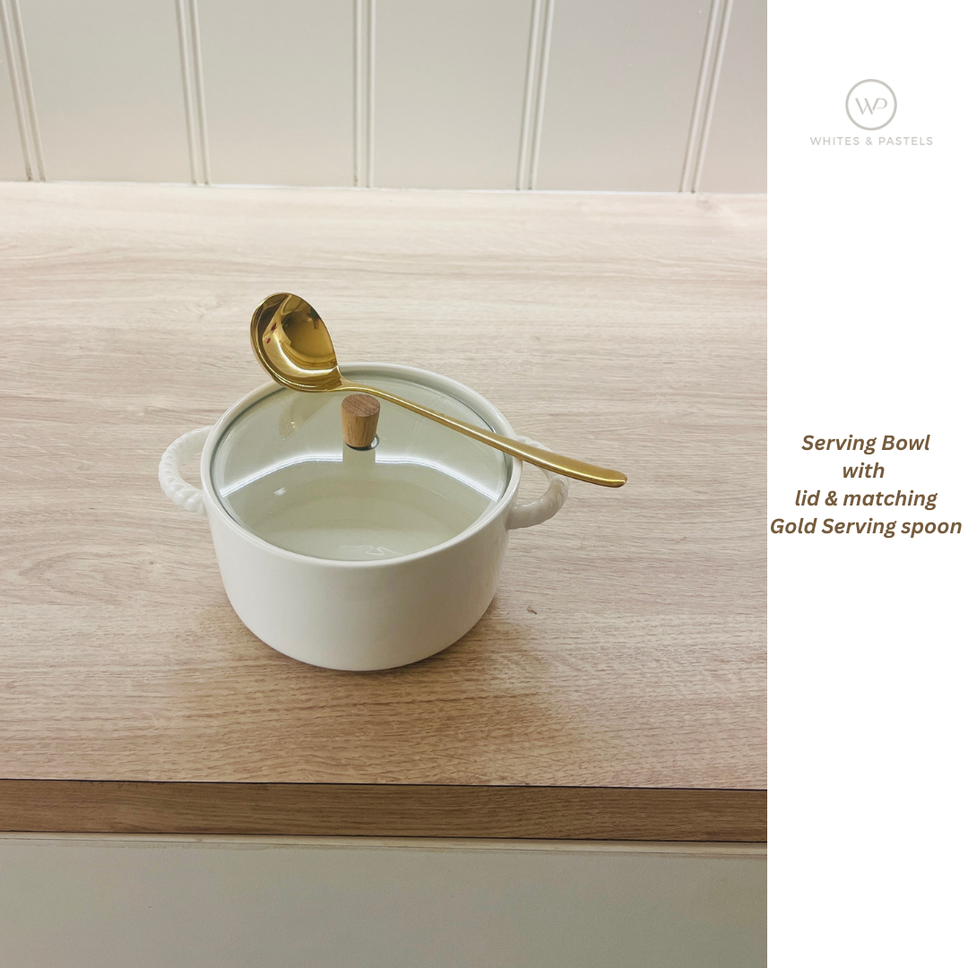 Ceramic serving bowl with stainless steel spoon (Gold) – luxury serveware India