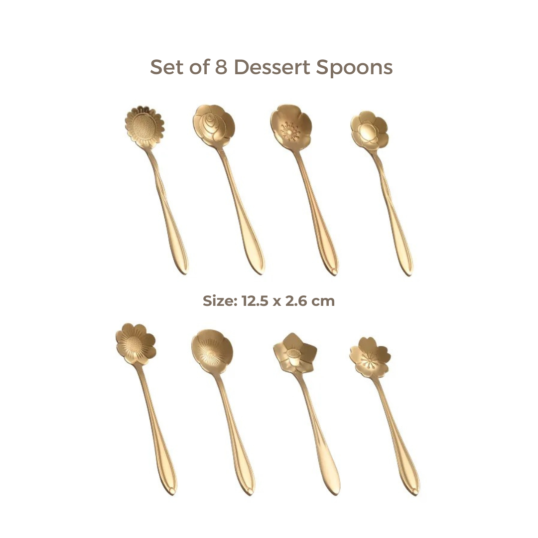 Set of 8 Gold Flower Dessert Spoons