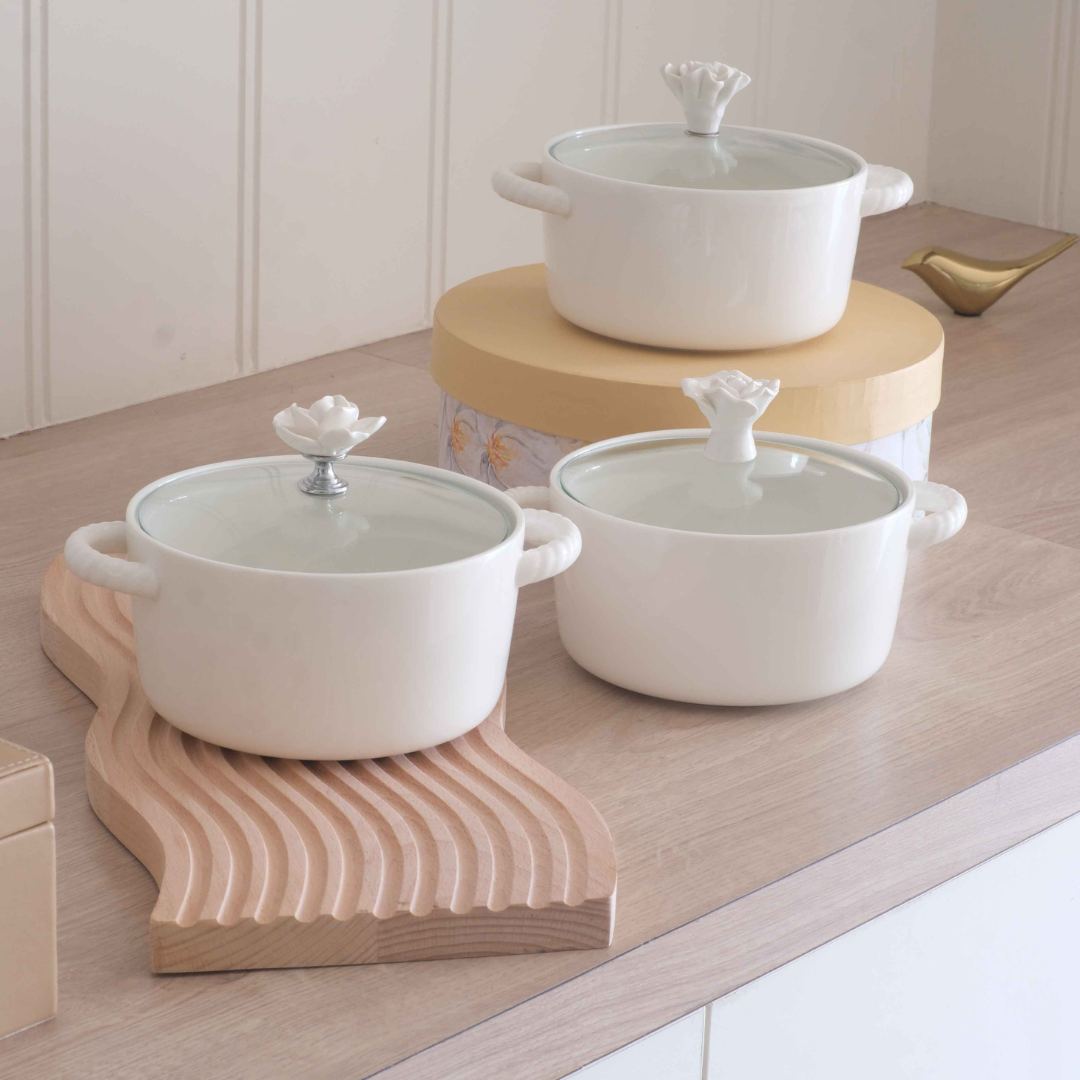 Spacious white ceramic serving bowl with glass lid for family dining