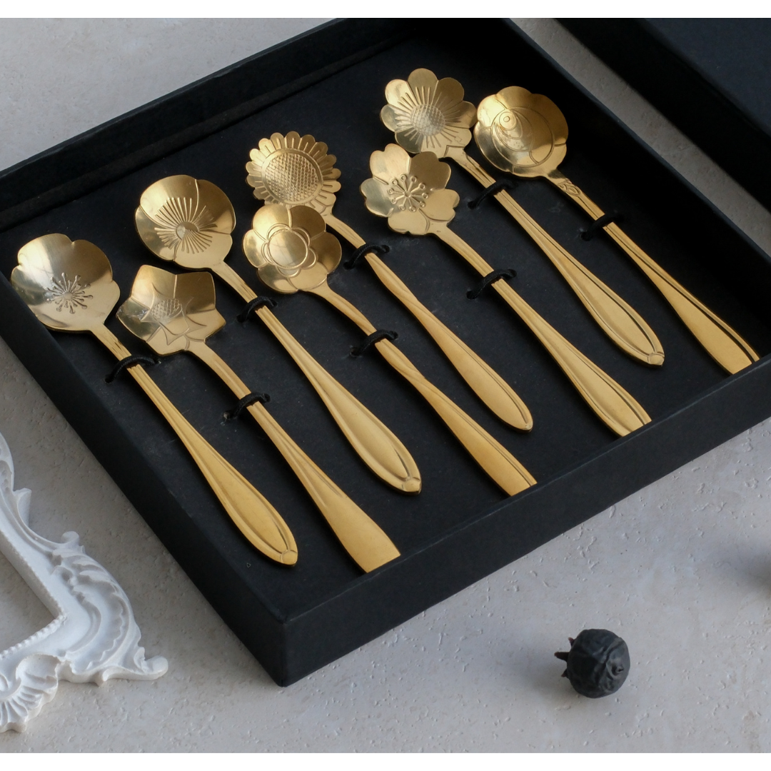 Set of 8 Gold Flower Dessert Spoons | Gift Box option