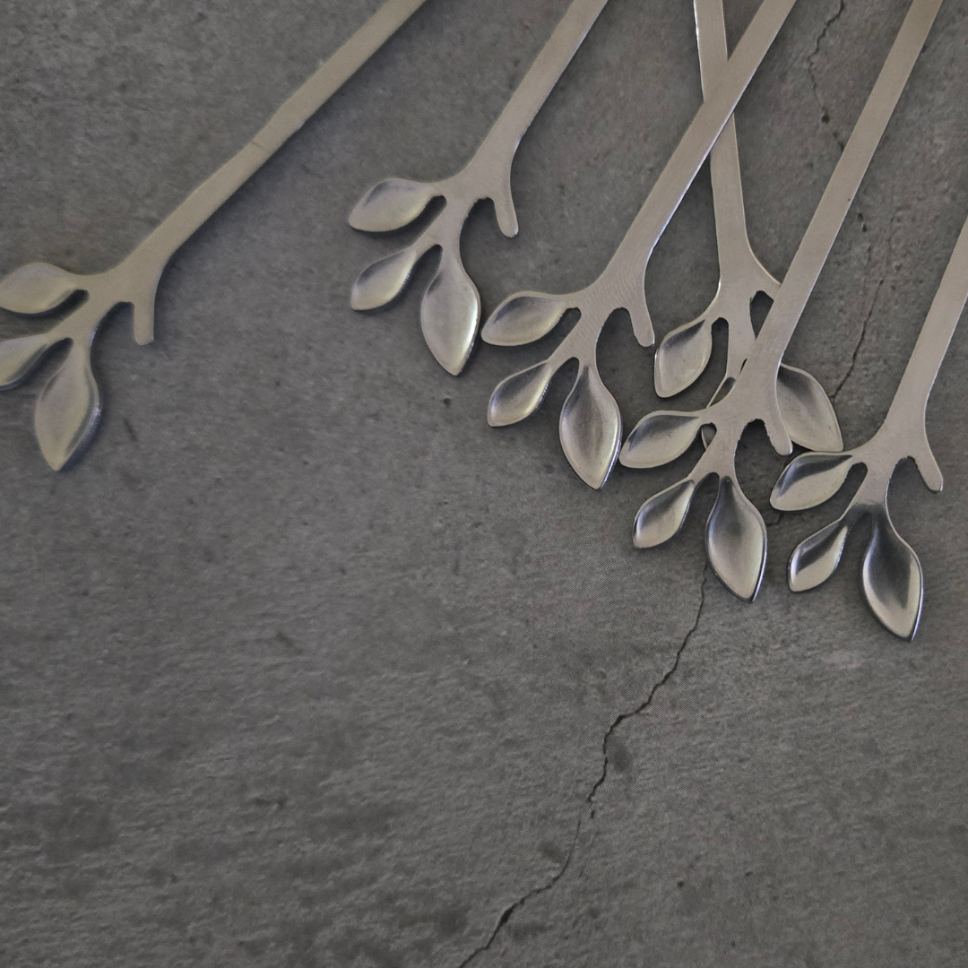 Elegant silver leaf tea spoons crafted from food-grade stainless steel for coffee, desserts and espresso.