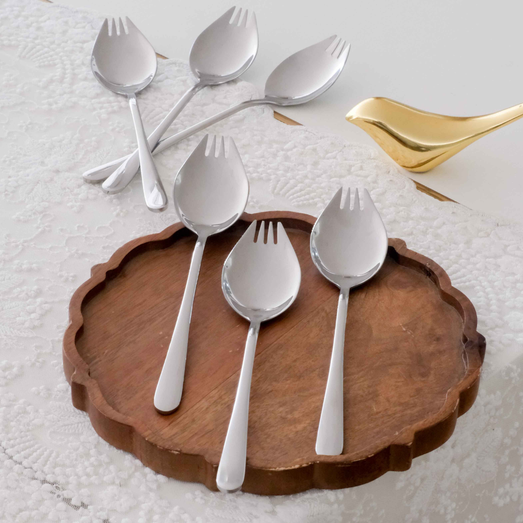 Contemporary matte Silver spoon fork combination made from durable stainless steel.