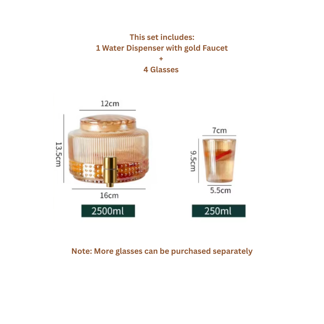 Gold lustre glass water jug with 4 drinking tumblers – premium home décor