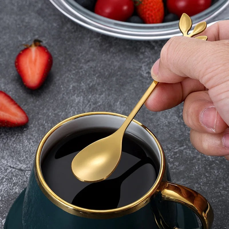 Set of 6 Leaf Dessert Tea & Cofee Spoon | Gold | Small