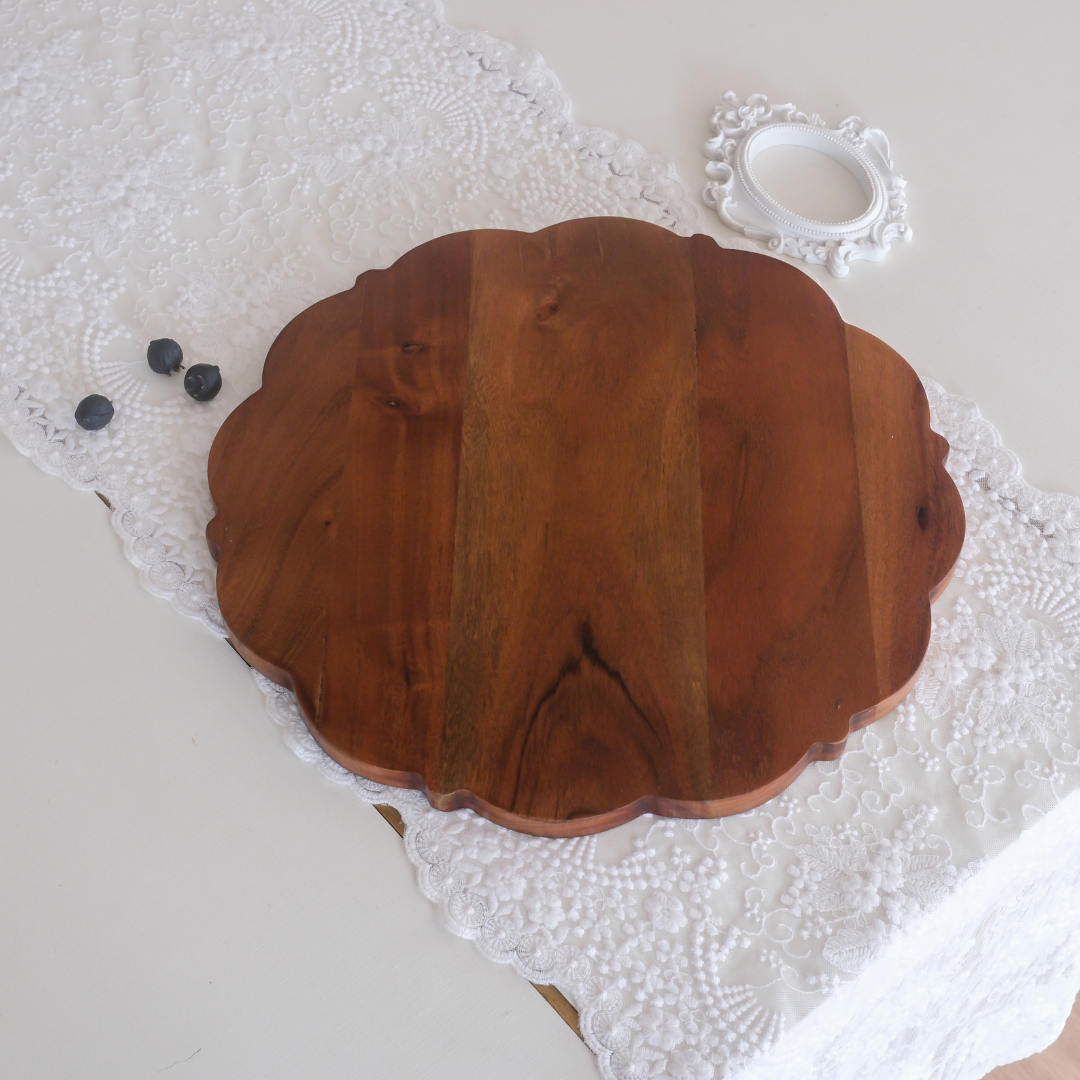 Generous solid wood cheese platter with scalloped edges