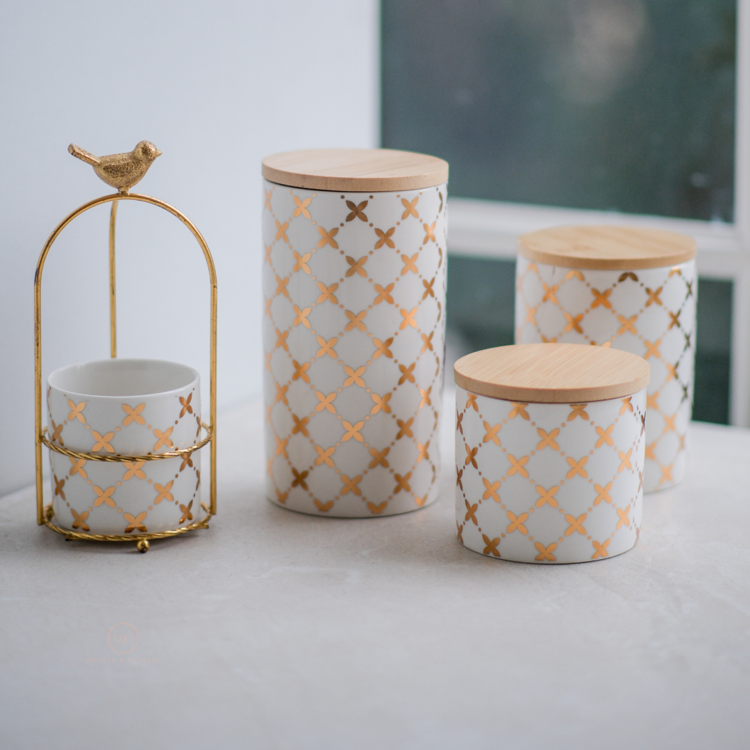 Airtight Ceramic Jars | White & Gold | Set of 3
