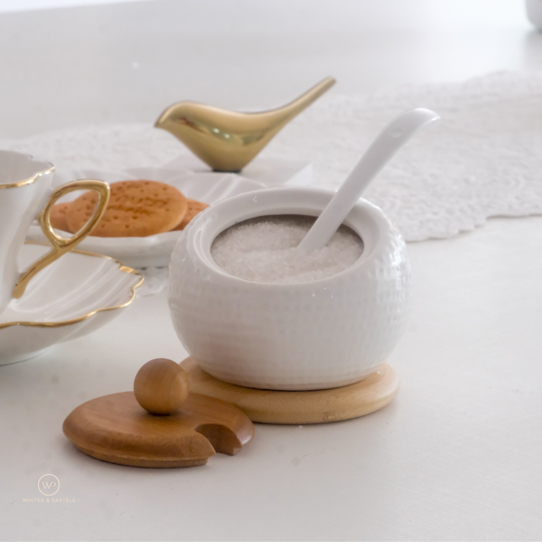 Elegant white sugar container for kitchen countertop