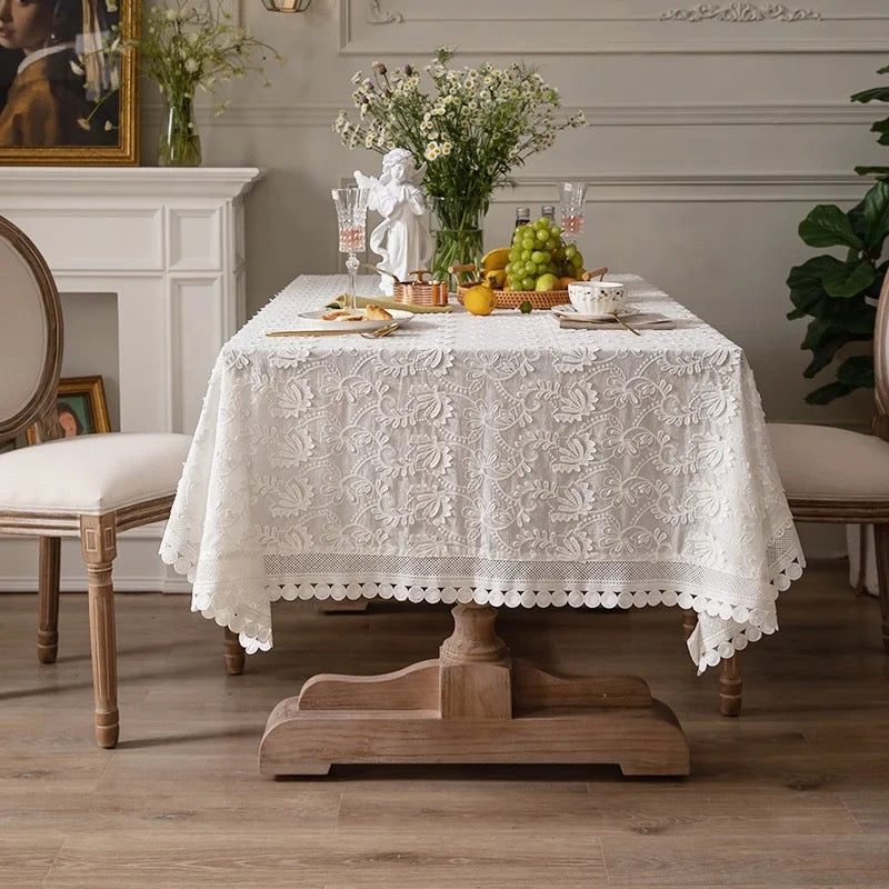 Table cover with embroidery white