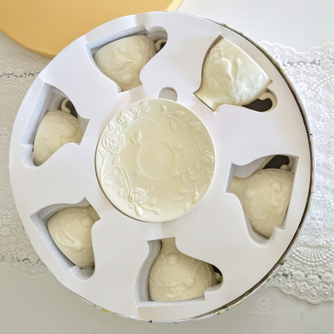 Embossed white ceramic tea cup and saucer set of 6 in floral luxury gift hamper box
