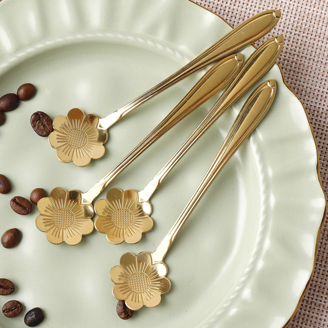 Small Dessert & Tea Spoons |Set of 6 | Gold Chrysanthemum Flower