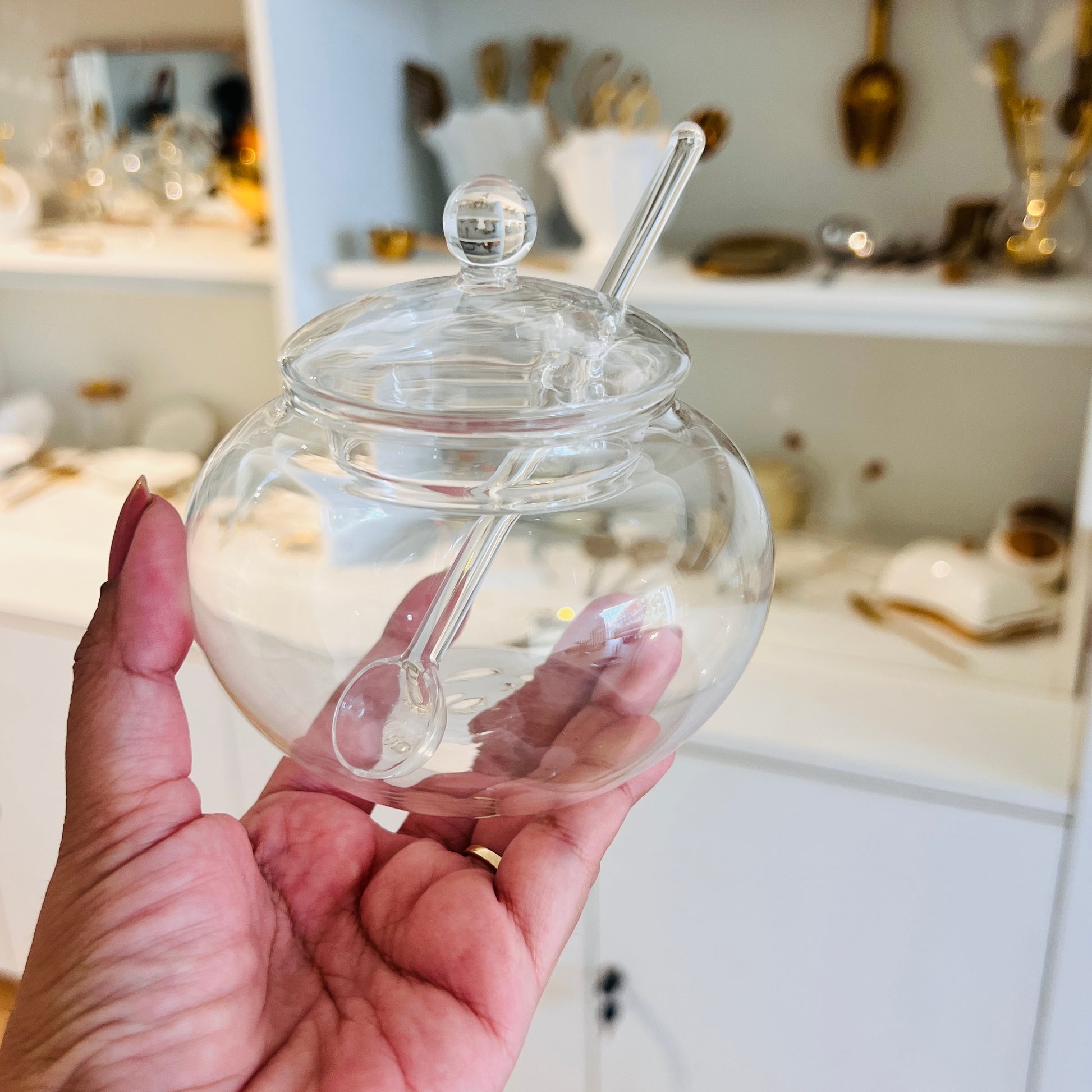Transparent sugar pot with glass lid and matching spoon