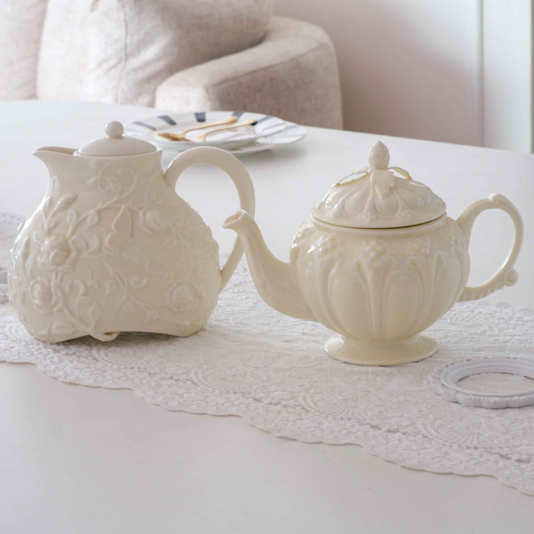 Elegant Victorian porcelain tea pot with embossed detailing, perfect for afternoon tea and high tea setups.