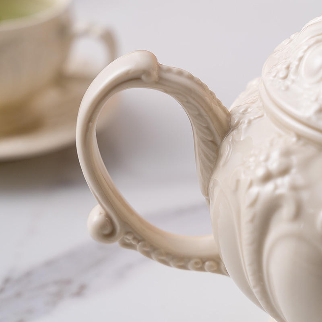 Victorian Embossed Ceramic Teapot | Ivory