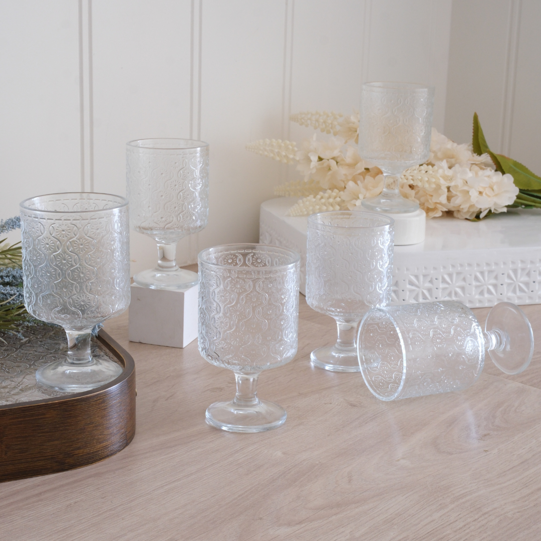 Vintage embossed flower design juice glasses made from thick lead-free clear glass