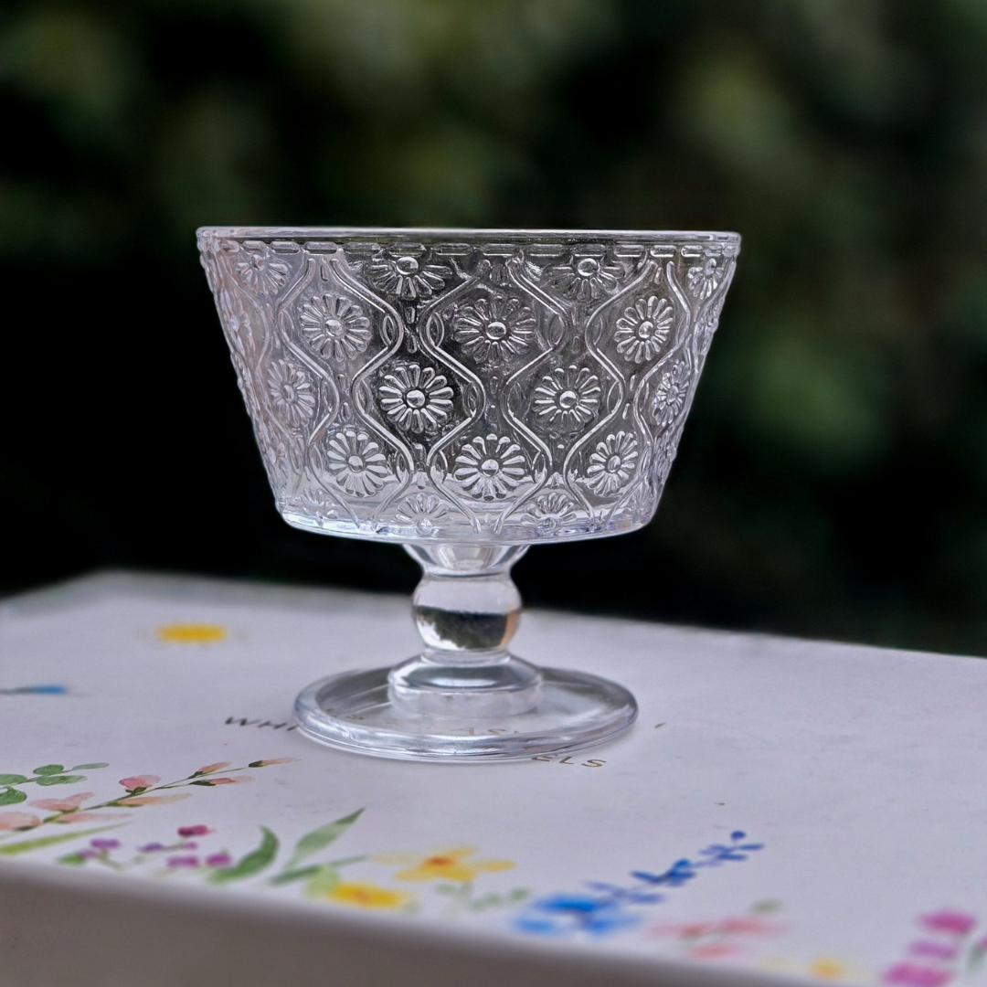 Beautiful European-inspired glass dessert bowls with retro charm