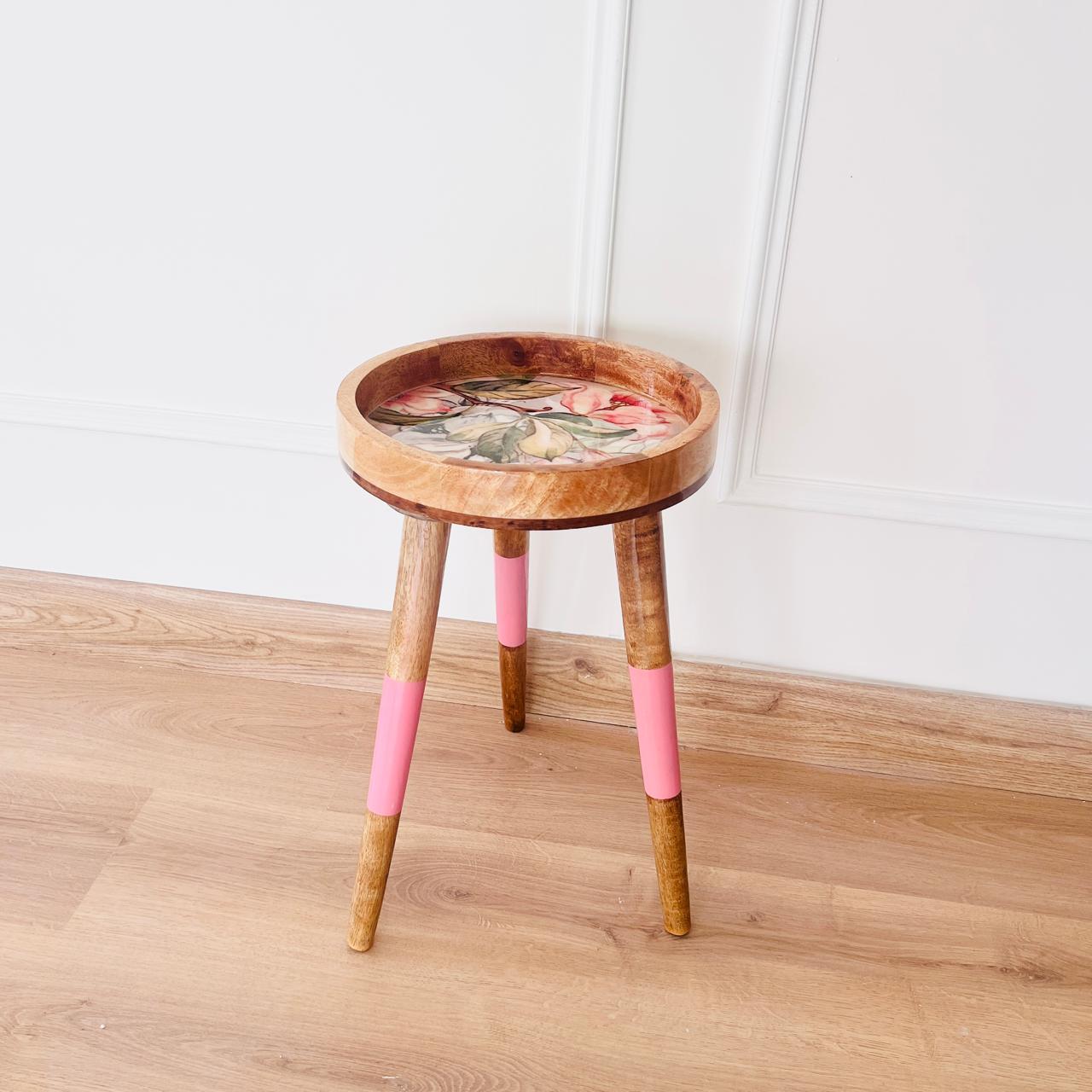 Tray cum Table - Wooden Side Table - Pastel Pink Flower design