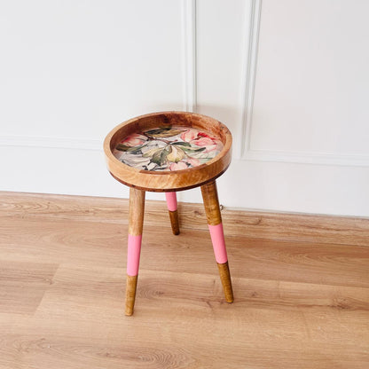 Tray cum Table - Wooden Side Table - Pastel Pink Flower design
