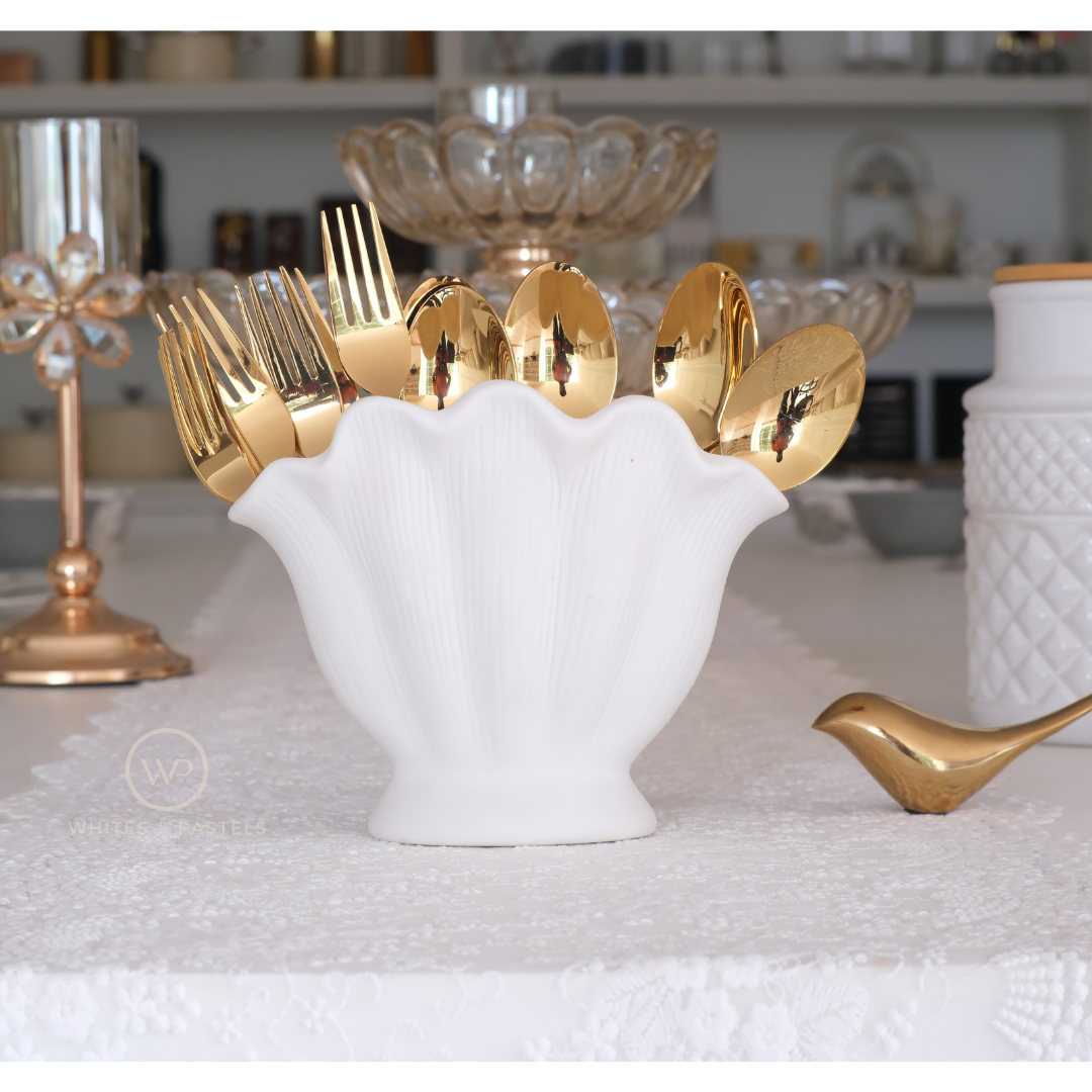 White Shell Cutlery Holder – Matte Ceramic Utensil Stand