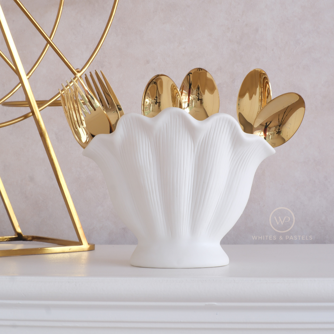 White Shell Cutlery Holder – Matte Ceramic Utensil Stand